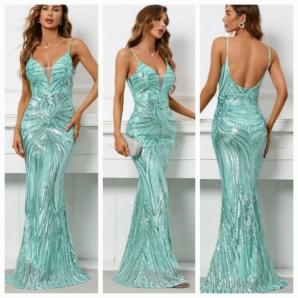 Mint, Graphic Print, Sleeveless,  Backless,  Neck,  Sequined Mermaid Gown - Picture 1 of 16